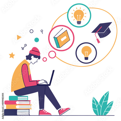 Digital Learning: A person engrossed in digital learning, surrounded by books and ideas. Reflecting the essence of knowledge acquisition.