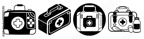 First aid kit medical supplies emergency preparedness set flat lay illustration vector isolated white background