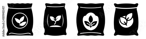 Set of four eco-friendly fertilizer bags with green leaf design on black background for agriculture and gardening