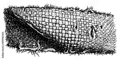 Detailed hand drawn engraving of woven burlap fabric texture with frayed edges