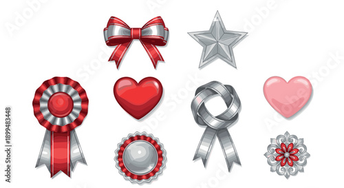 Collection of shiny red and silver awards and decorations in a 3d style