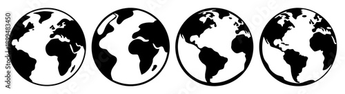 Four black and white world maps with continents isolated on clean background global geography design elements