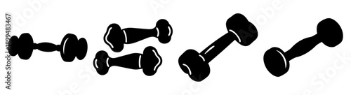 Set of black dumbbells isolated on white background for fitness workout and strength training equipment