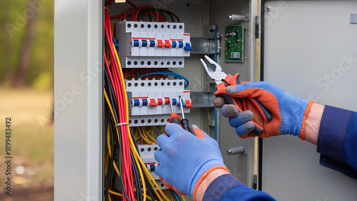 Tableau sur toile electrician at work, Safety gloves, Electrician working, Professional installati