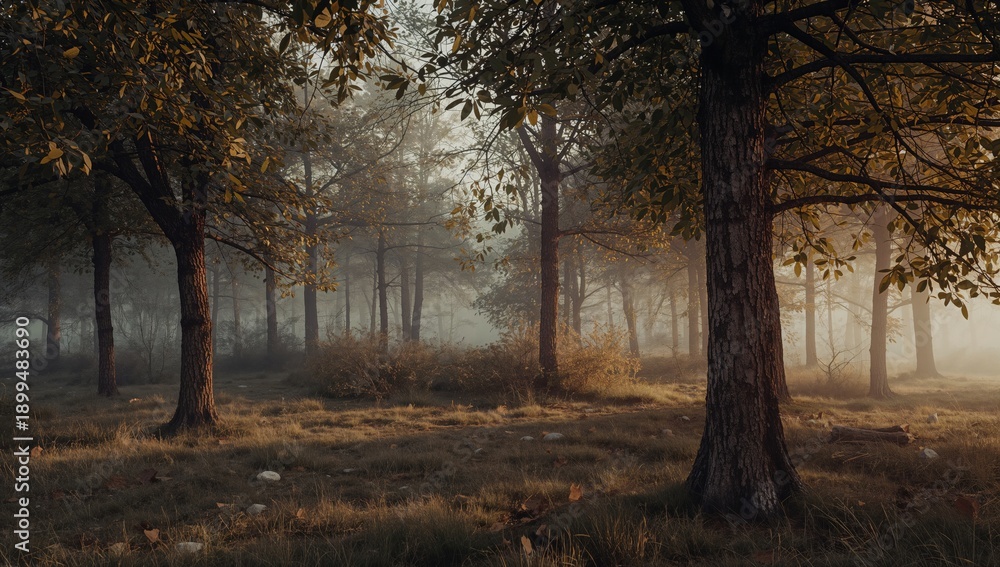 Fototapeta premium Foggy Forest Landscape in the Early Morning Light With Trees and Grass