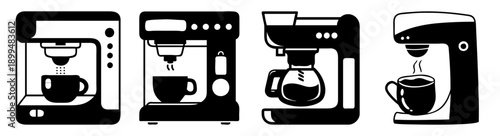 Modern coffee machines and cups set flat design vector illustration for cafe kitchen office home brewing