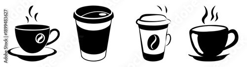 Four black and white coffee cups steaming hot on saucers minimalist vector illustration for cafes and relaxation