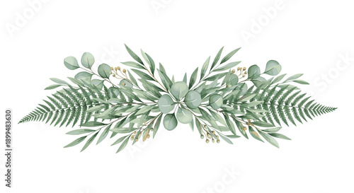 Elegant greenery border with eucalyptus and fern leaves in watercolor style