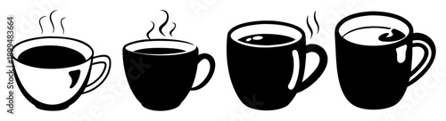 Four black coffee cups steaming hot minimalist vector illustration isolated on white background for morning breakfast concept