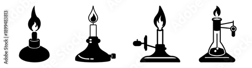 Set of four laboratory bunsen burners with flames isolated on white background for science education and research