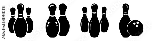Set of ten black bowling pins standing in a row on white background minimalist flat design vector illustration