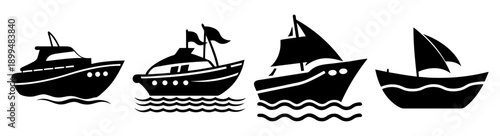 Four black and white sailboats and yachts sailing on calm sea waves vector illustration minimalist design