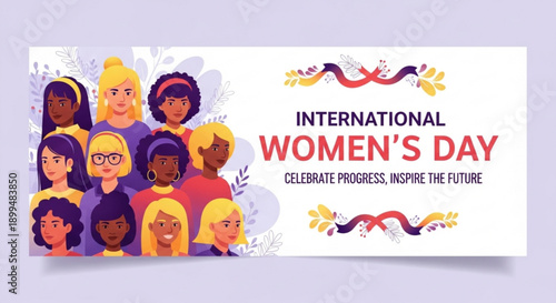 International women's day celebration banner with diverse group of women