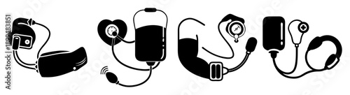 Hand drawn blood pressure monitor set with stethoscope and medical icons flat vector illustration isolated on white background