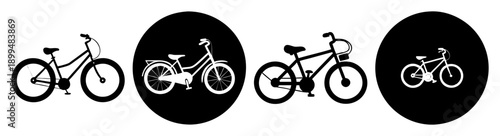 Modern bicycles and bike icons set on circular black background for cycling lifestyle and urban transport design