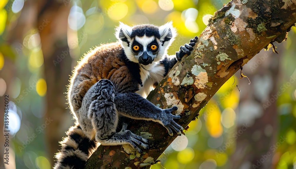 Fototapeta premium Ring-tailed Lemur Sitting on Tree Branch.