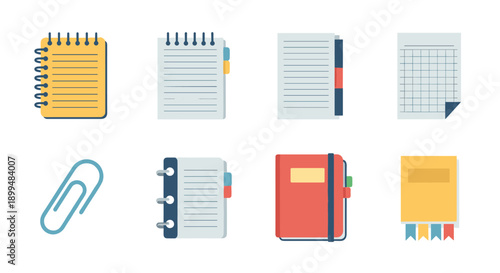 Office supplies set with various notebooks and stationery items in flat design