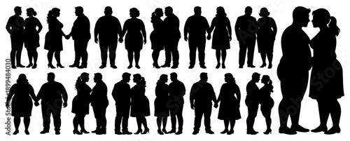 Plus Size Couple Silhouettes Set in Romantic Poses and Holding Hands on Transparent Background