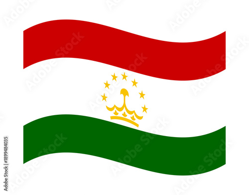 Waving flag of Tajikistan, featuring red white and green stripes with crown and stars emblem on transparent background