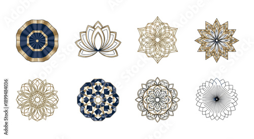 Elegant geometric and floral mandala designs in gold and navy