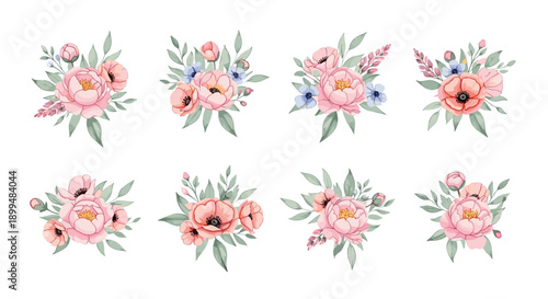 Elegant floral watercolor bouquets with pink peonies and green leaves