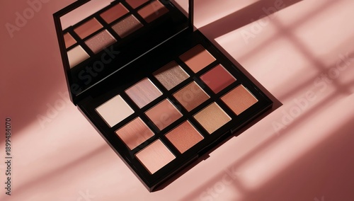 Makeup Palette on Table With Reflection Showing Different Shades and Colors i...