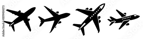 Four commercial jet airliners flying in formation against white background, aviation travel concept, vector illustration