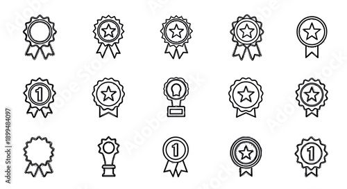 Set of outline award badges with stars and number one icons