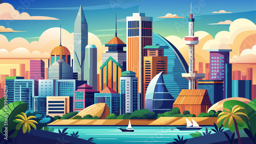 Very beautiful skyline view of Victoria Island in Lagos, showcasing modern skyscrapers, coastal atmosphere, vibrant city energy, and economic strength of Nigeria’s most prestigious urban district.