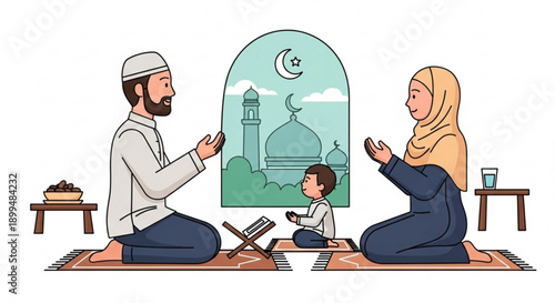 Muslim family praying together on a rug with mosque background