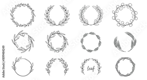 Elegant hand drawn wreaths collection with leaf and berry designs