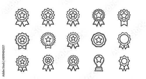 Collection of linear award badges and ribbons with star emblems