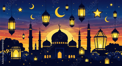 Islamic mosque silhouette at dusk with lanterns and crescent moons in ramadan night sky