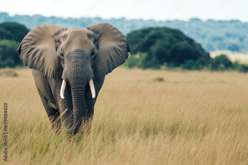Fototapeta premium Majestic elephant walking through tall grass in savanna landscape during daytime