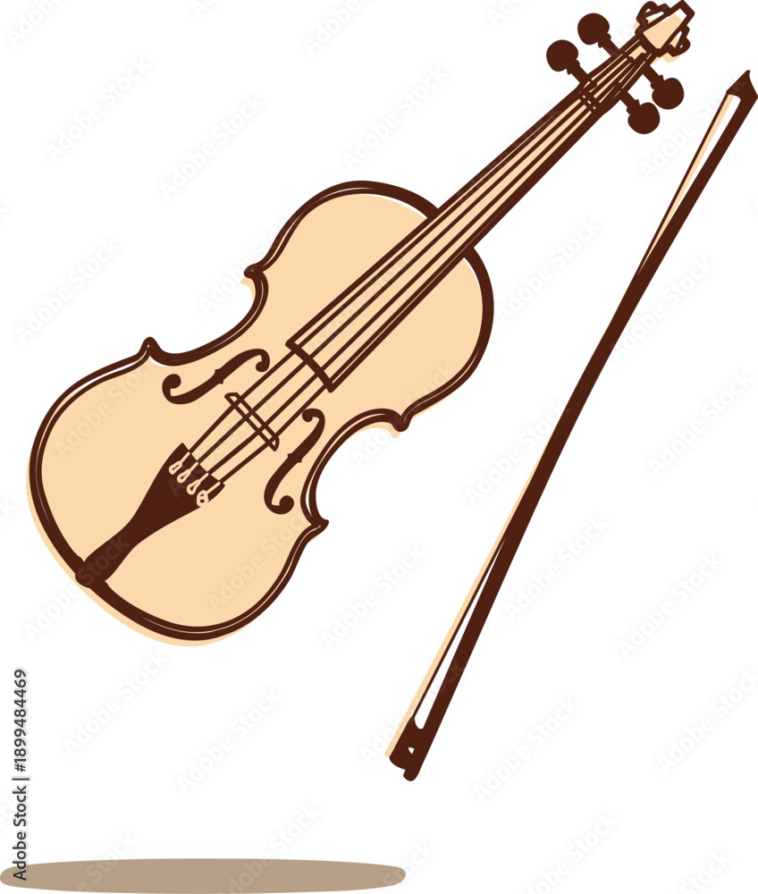 Fototapeta premium Classical violin with bow vector illustration, musical string instrument isolated on transparent background