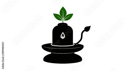 Black Shiva Linga with Green Leaves Graphic Symbol.