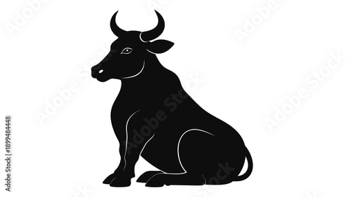 Simple black silhouette of a sitting cow with horns on white background.