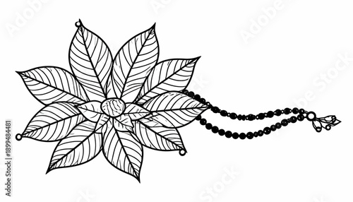 Black and white illustration of a flower with beads.