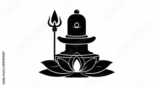 Hindu Shiva Lingam Symbol with Trishul on Lotus Flower.