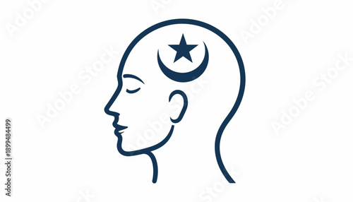 Simple line drawing of a person's head in profile with a star and crescent moon inside.