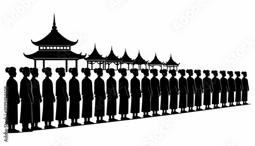 Group of people standing in a line in front of a traditional Chinese building.