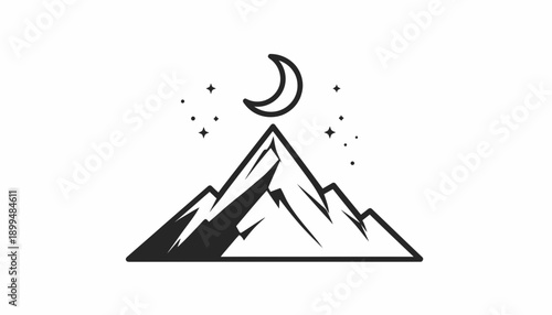 Black and white illustration of a mountain range under a crescent moon.