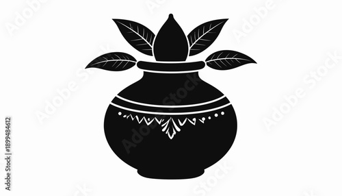 Traditional Indian Clay Pot with Leaves and Ornaments.