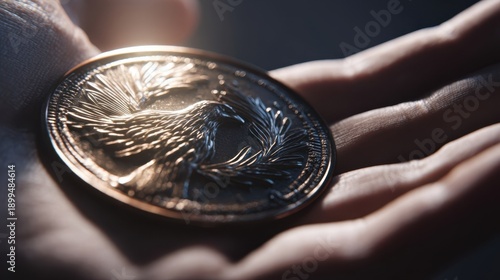 President's Day Commemoration: Hand Holding a Glistening Eagle Coin, Symbolizing American Heritage, Freedom, and National Pride with Dramatic Lighting.