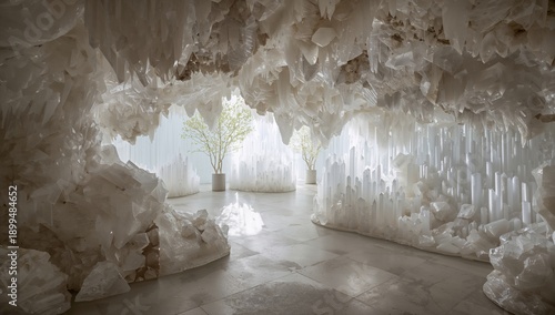 Visitors Explore a Space Filled With White Crystalline Structures and a Green...