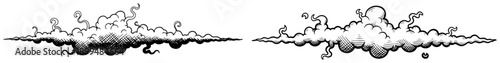 Set of vintage engraved style clouds with decorative swirls and hatching details
