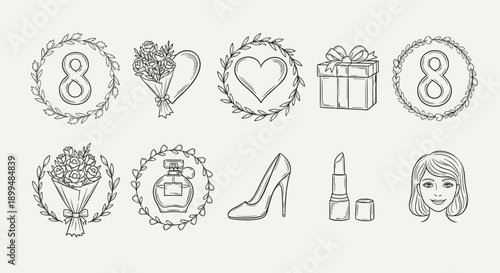 Collection of hand-drawn icons celebrating women, featuring gifts, flowers, and beauty items
