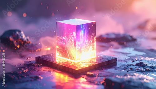 A glowing glass cube placed on a CPU chip, illuminated with vibrant pink, blue, and yellow light, with smoke and bokeh in the background.