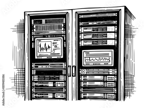 Hand drawn sketch of professional data center server racks with computer hardware screens