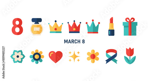 International Women's Day icons: March 8th celebration with flowers, gifts, and crowns